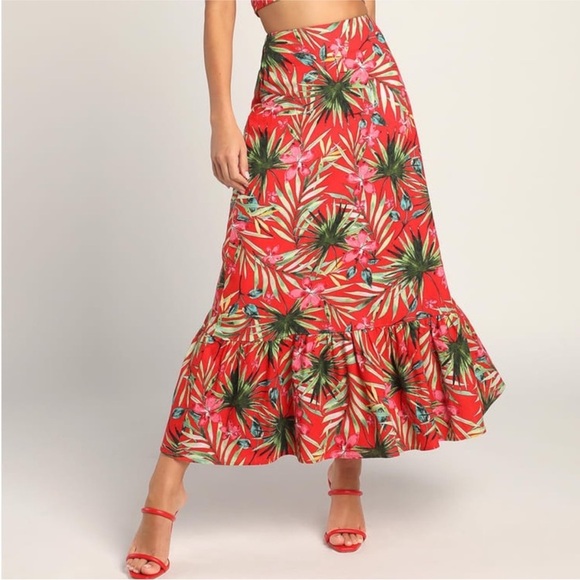 LULUS Island Experience Tropical Floral Ruffle Midi Skirt - Size Large - NWT - Picture 1 of 13